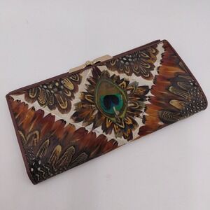 Vtg Lee Sands Genuine Peacock Feather Wallet Brown Kiss Lock Coin Purse Luxury
